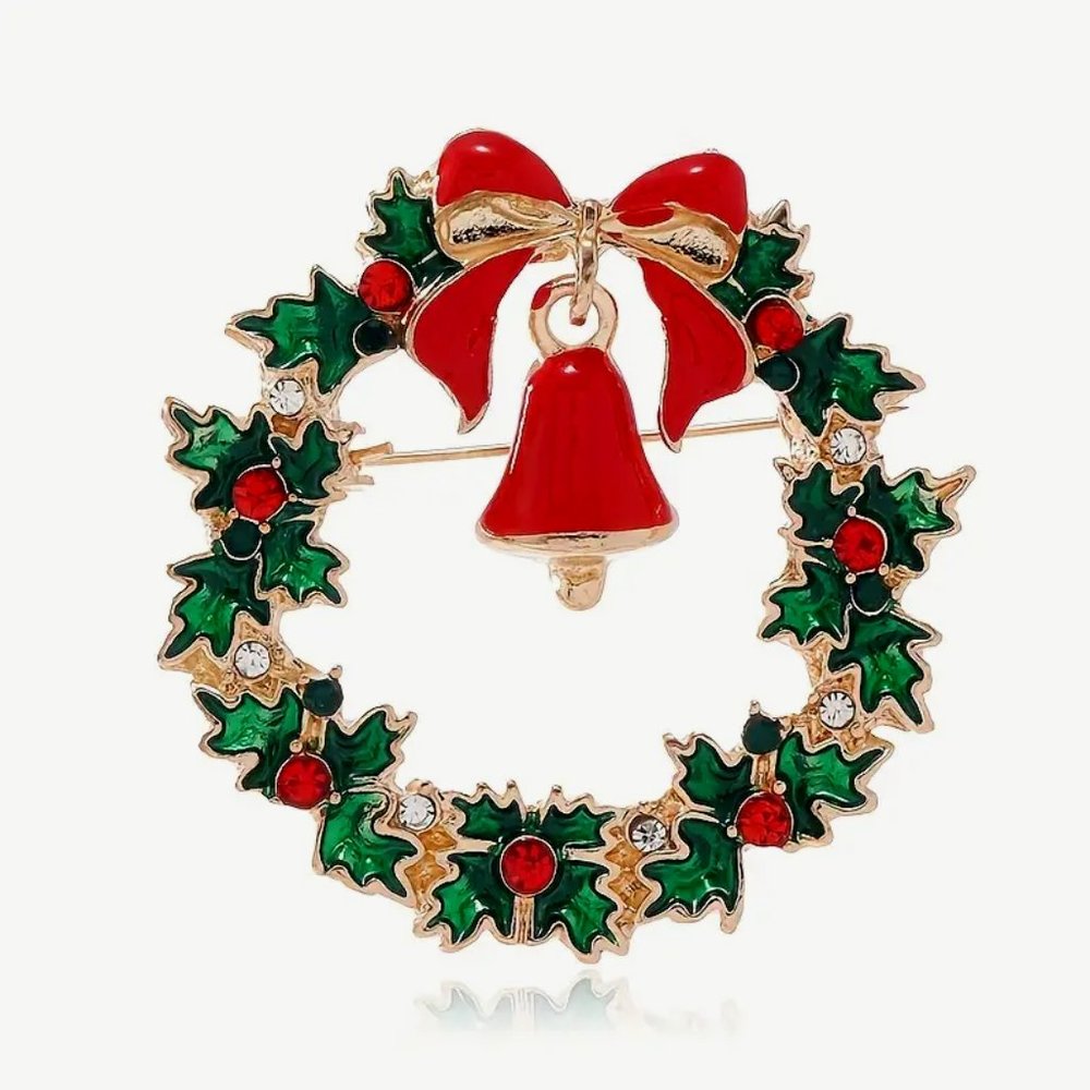 Fabulous Enamel And Rhinestone With Red Bell • Christmas Wreath Brooch